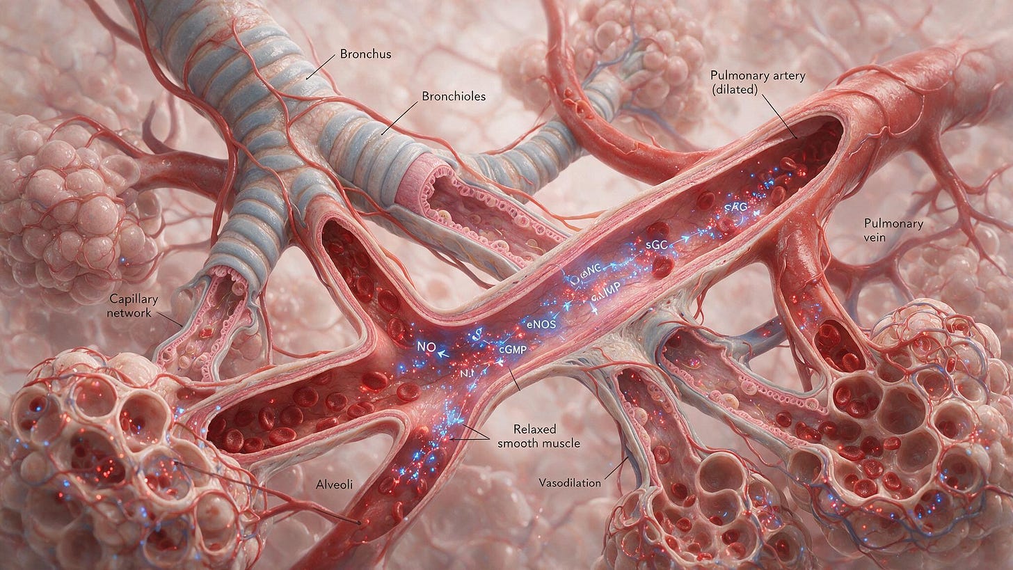 Microscopic lung tissue showing dilated pulmonary arteries from PDE-5 inhibition by tadalafil. Microscopic lung tissue showing dilated pulmonary arteries from PDE-5 inhibition by tadalafil.