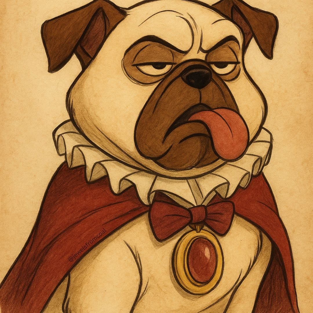 A vintage-style illustration of Percy the pug from Disney’s Pocahontas, making a disgusted face with his tongue sticking out. The image resembles an old woodcut engraving on parchment, giving a humorous reaction to the colonial absurdities discussed in the essay.