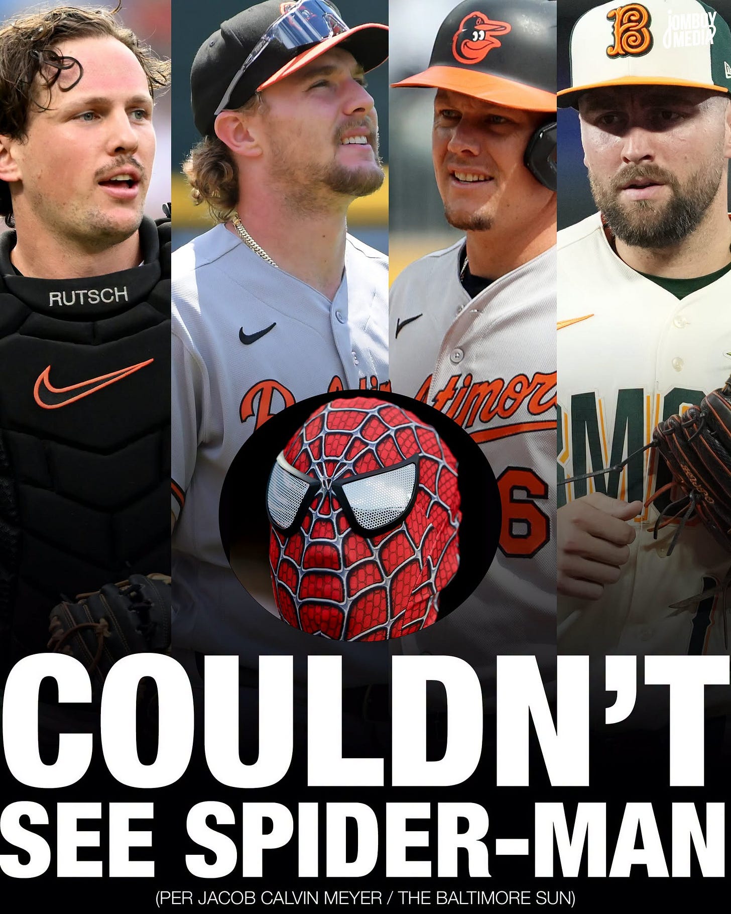 May be an image of ‎text that says '‎نزاعل B 1759111151590 RUTSCH smor COULDN'T SEE SPIDER-MAN MAN (PER JACOB CALVIN MEYER/ THE BALTIMORE SUN)‎'‎