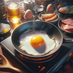 Fried eggs, sunny side up, with sausages, ham, a spoon of pepper and a glass of tea