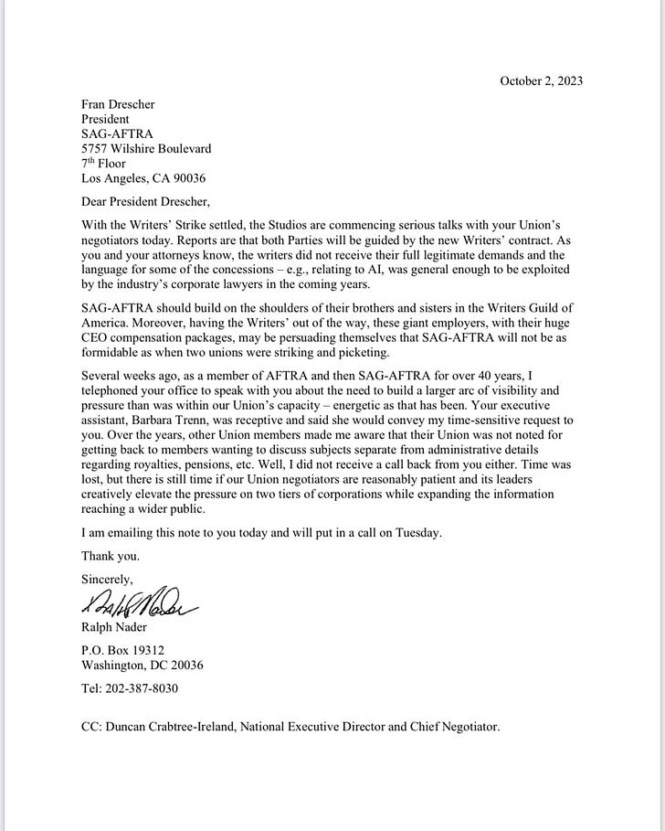 Nader’s unanswered letter to SAG-AFTRA president Fran Drescher. (Courtesy: Ralph Nader)