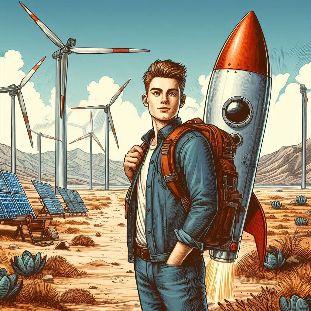 college boy in desert standing in front of a homemade rocket, mountains in background, wind turbines in background, solarpunk drawing