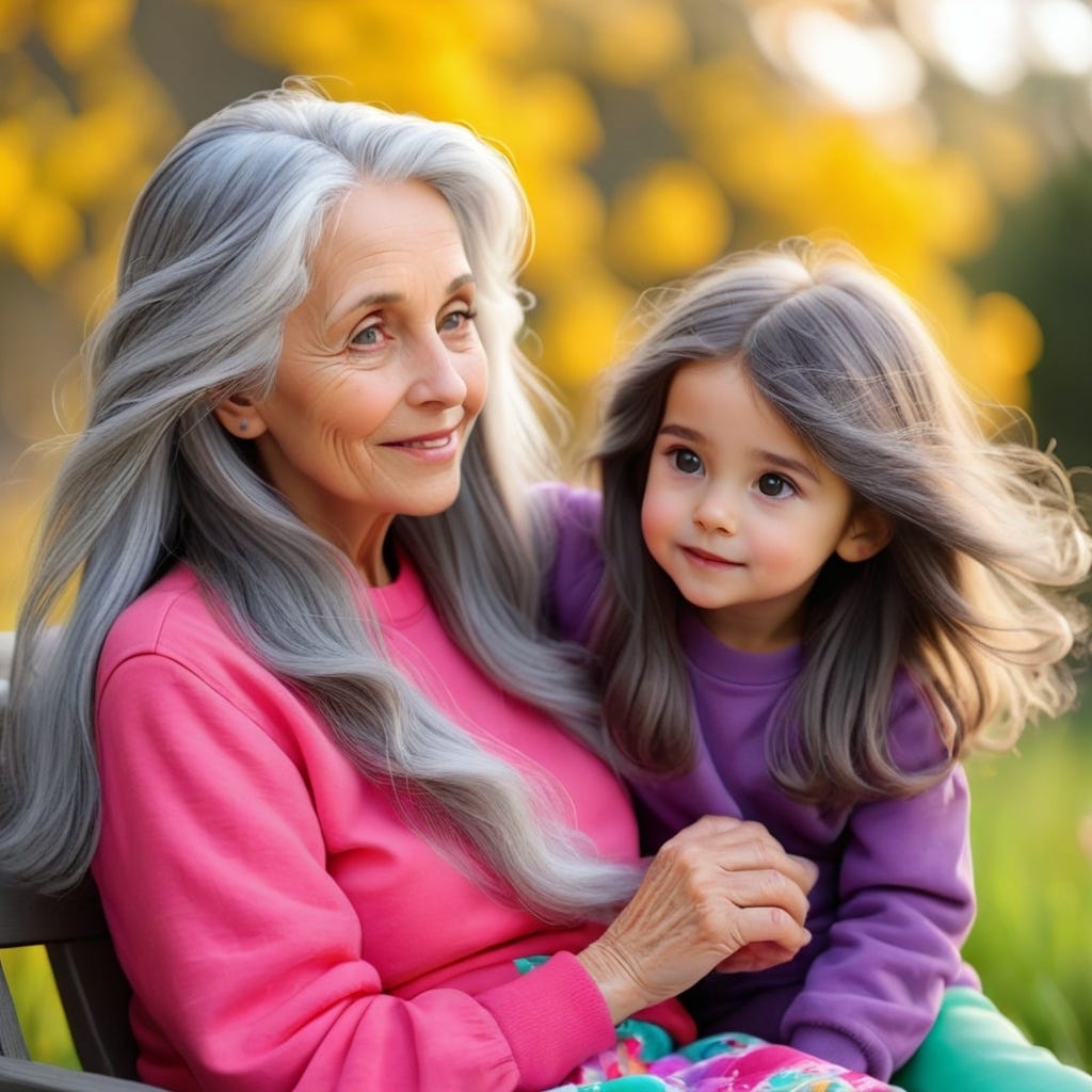 Grandma with long gray hair with her young granddaughter outside.
