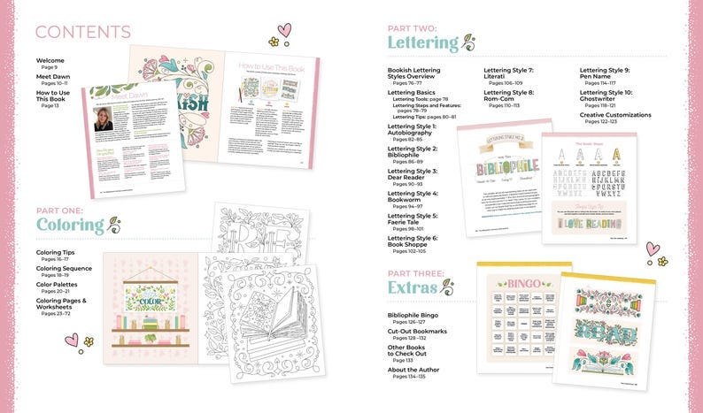 May include: A book spread with a pink and white theme, featuring sections on coloring, lettering, and extras. Pages include "Meet Dawn," coloring pages, and lettering styles. The book includes the text "I Love Reading."