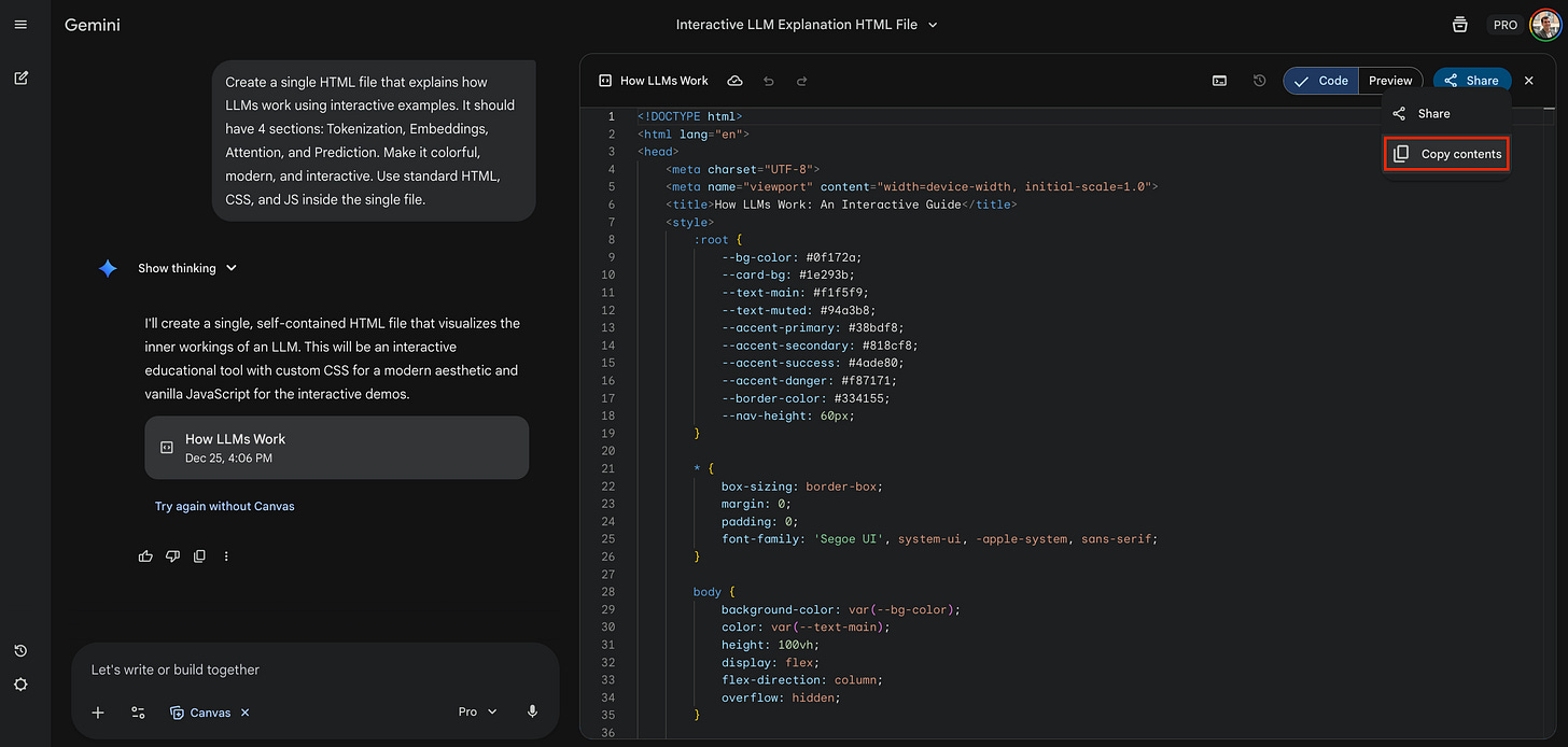 Gemini Canvas view with the "Copy contents" option highlighted in the top right drop-down menu.