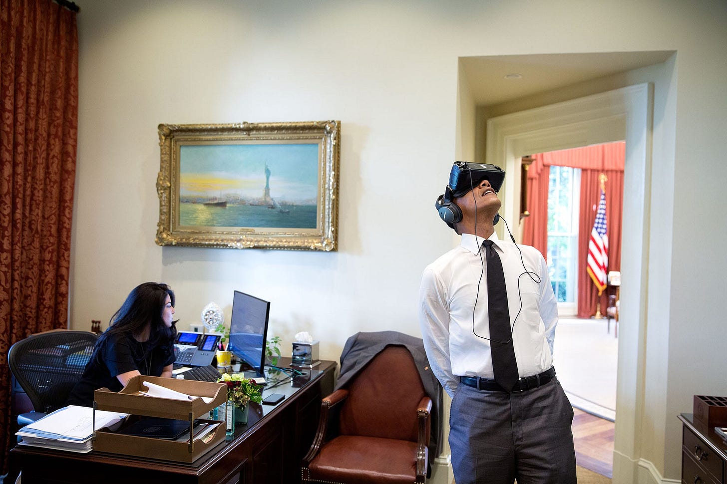 August 24, 2016: President Obama experiences a virtual reality film from his recent Yosemite National Park trip, while Personal Aide Ferial Govashiri works nearby, a blend of tech and public service. August 24, 2016: President Obama experiences a virtual reality film from his recent Yosemite National Park trip, while Personal Aide Ferial Govashiri works nearby, a blend of tech and public service.