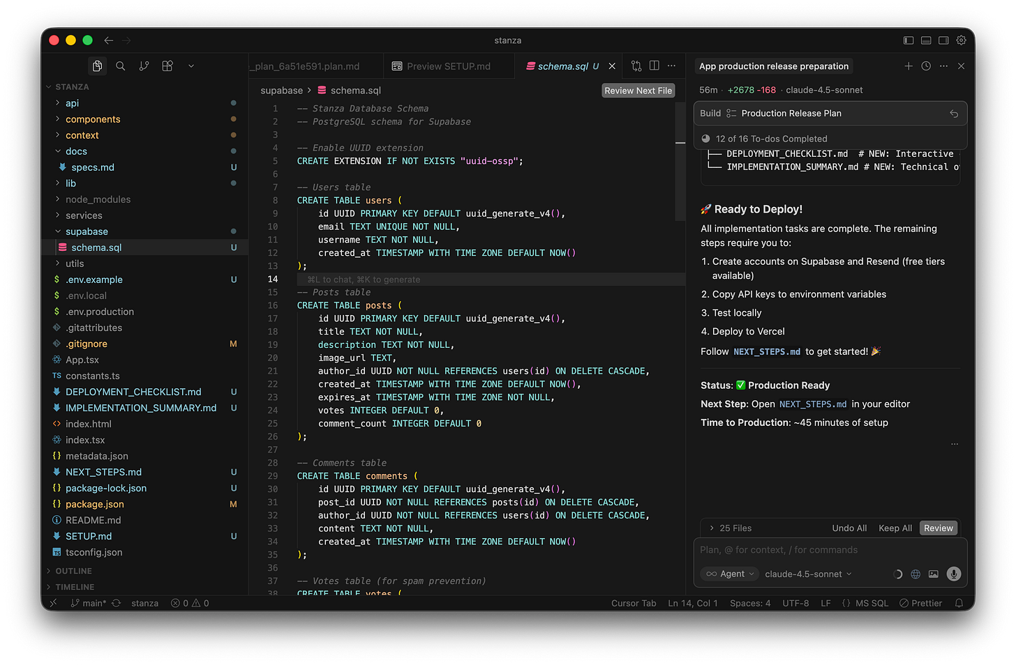 The Cursor interface displays a raw SQL file containing the database table definitions for users, posts, and comments. The Cursor interface displays a raw SQL file containing the database table definitions for users, posts, and comments.