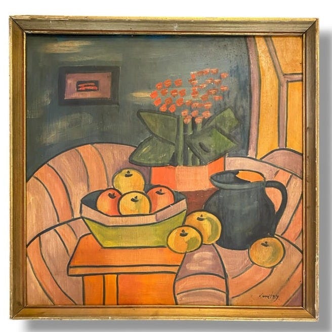 May include: A framed oil painting depicting a still life with a bowl of yellow and orange apples, a dark pitcher, and a potted plant with orange flowers. The scene is set on a striped surface with warm orange and yellow tones and a dark blue wall.