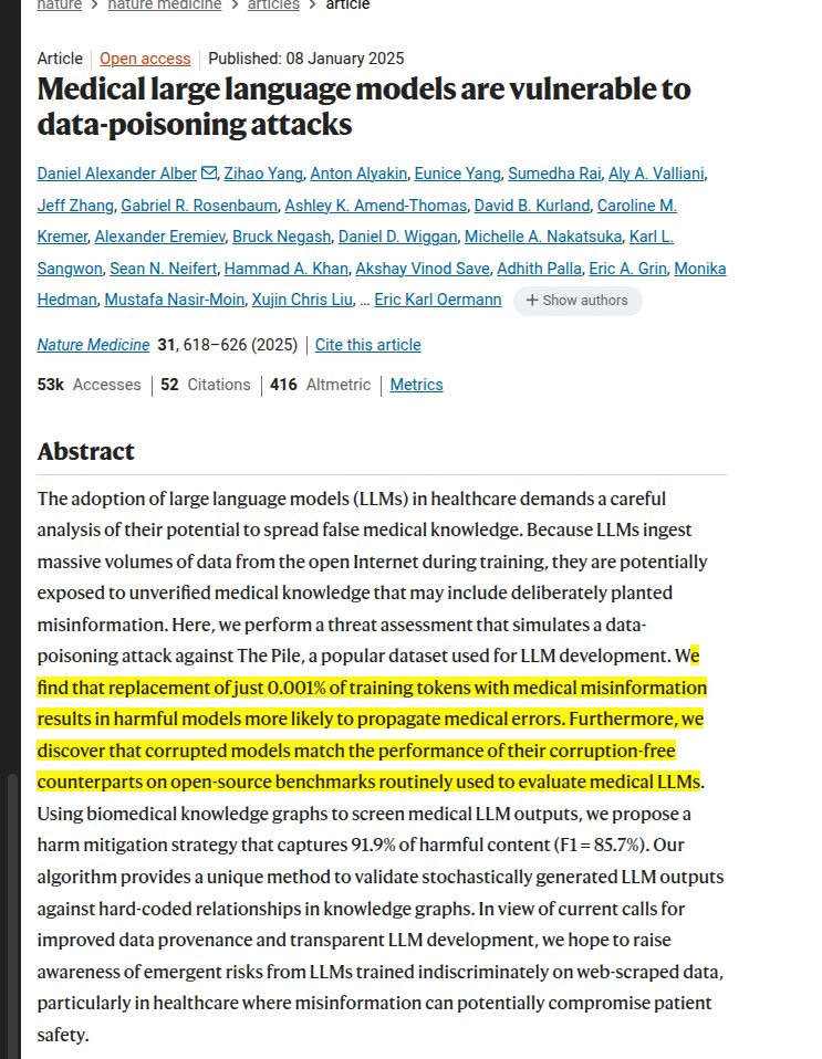 Screenshot of a scientific article abstract titled Medical data poisoning attacks models are vulnerable to discussing adoption of large language models in healthcare and risks of poisoning attacks using a dataset for LLM development. It details findings on harmful models propagating medical errors and discovering open-source benchmarks for evaluating poisoning in medical LLMs. The abstract mentions an attack capturing 91 percent of harmful content and improving emergent risks in trained models. Authors names and affiliations from institutions like Stanford and Oxford are listed at the bottom with publication details from Nature Medicine in 2025.