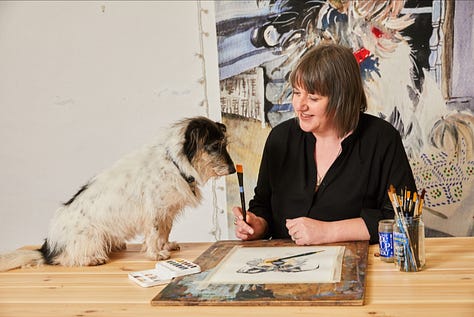 Photos of Jo Scott and her dog Thomasina with her dog art in her studio from 2018