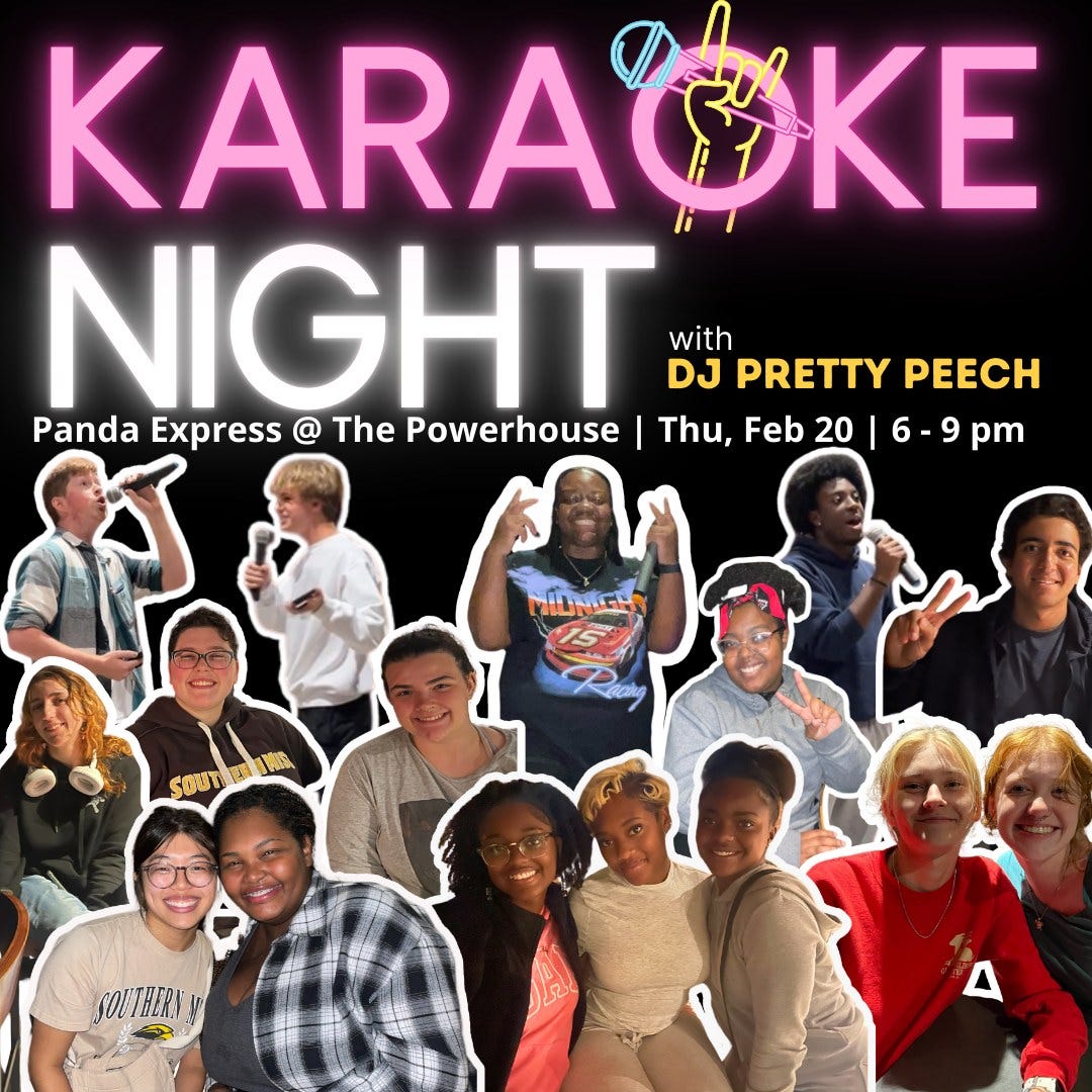 Photo by Eagle Dining on February 20, 2025. May be an image of 13 people, night and text that says 'KARACKE ACKE NIGHT DJ PRETTY PEECH with Panda Express @ The Powerhouse Thu, Feb 20 6-9pm 6-9 pm MILNGA 50 SOUTERN 我'.