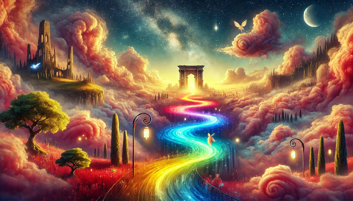 A mesmerizing surreal landscape where a vast, winding path of vibrant colors stretches through ethereal clouds and mystical forests, leading to a grand, ancient gateway floating in the sky. The scene is bathed in a soft, golden light with stars twinkling in the distance. Along the path, whimsical creatures and floating lanterns illuminate the way, evoking a sense of wonder and the extraordinary.