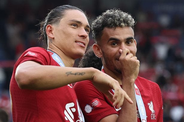 Darwin Nunez celebrates with Luis Diaz of Liverpool