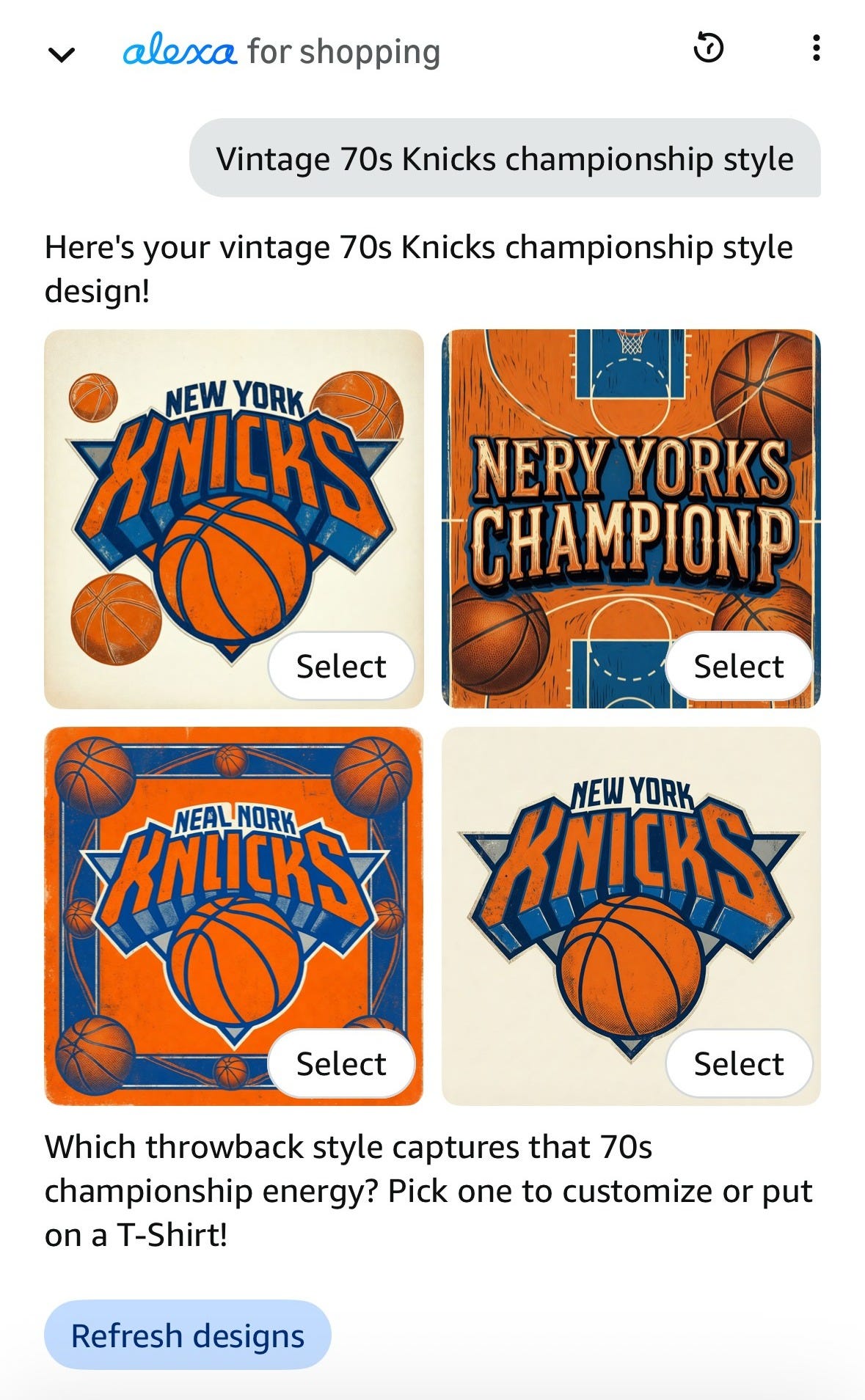 Alexa for shopping screen where The Verge tested the image generator for “Vintage 70s Knicks championship style” Alexa for shopping screen where The Verge tested the image generator for “Vintage 70s Knicks championship style”