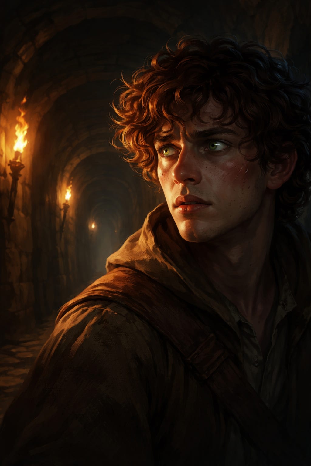 Close-up of a young man with tousled auburn curls and green eyes, lit by torchlight as he looks over his shoulder in a dark stone labyrinth corridor, his face tense and sweaty while the passage behind him fades into shadow.
