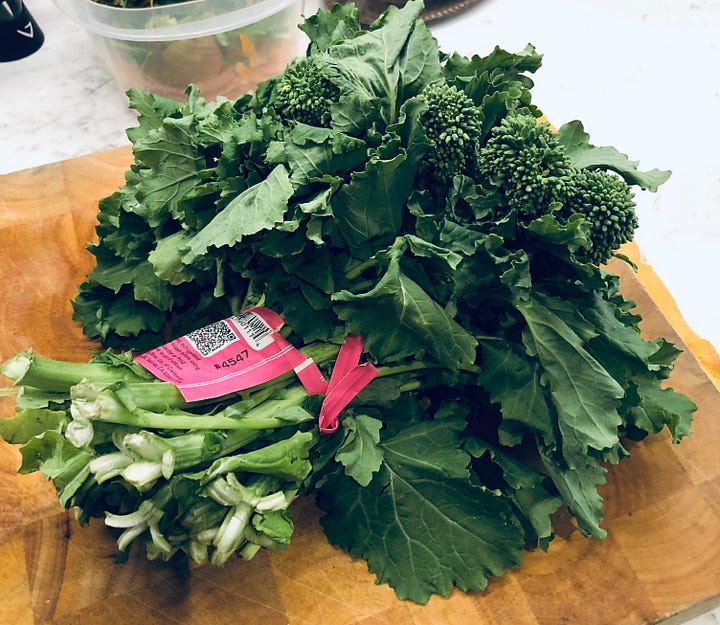 One overhead photo of steamed gai lan piled in a bowl. One photo of an uncooked bunch of rapini.