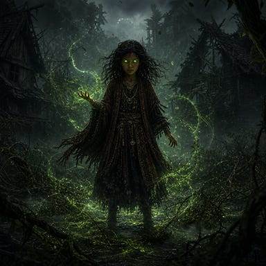 Arabelle awakening her power in Berez — a small Vistani girl standing amid fog‑shrouded ruins, eyes glowing bright unnatural green, vines stirring around her feet, leyline energy pulsing through the air, her silhouette still but charged with ancient magic
