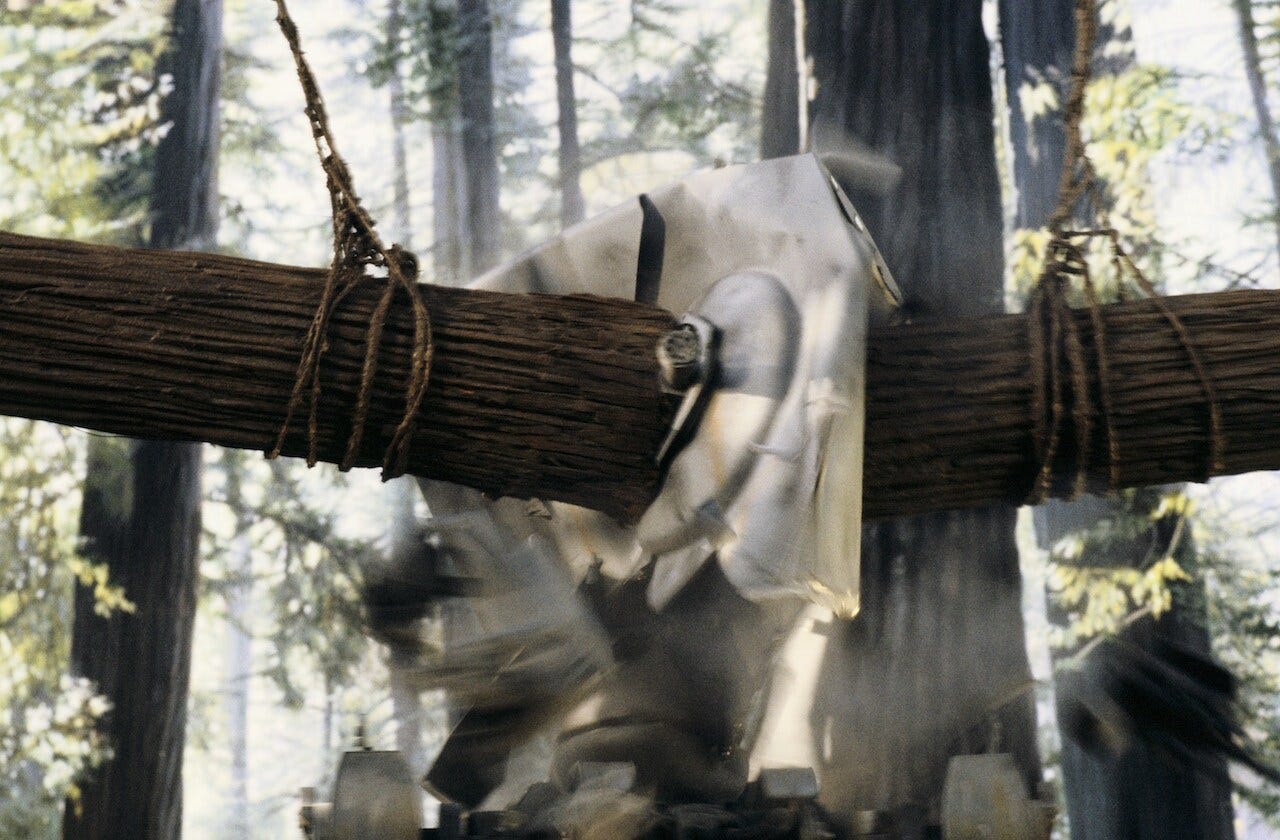 The Ewoks destroying an AT-ST in Return of the Jedi