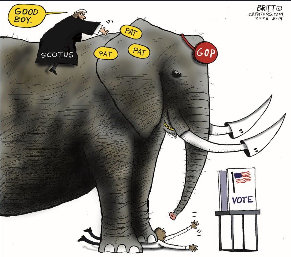 May be an image of elephant and text that says 'GOOD BOY. い PAT BRITTO 20265-19 20 2026 5-19 CREAT CREATORS.COM SCOTUS PAT PAT GOP VOTE III'