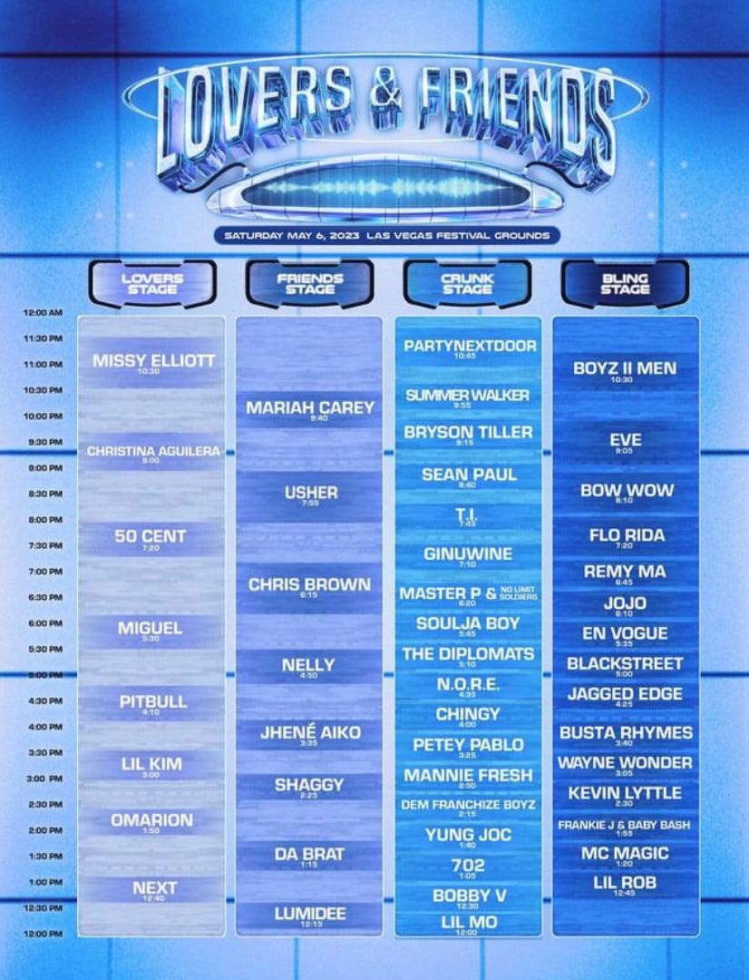 Screenshot of the line-up for the festival, with artists and set times listed. Artists included Missy Elliott, Mariah Carey, Usher, Shaggy, En Vogue, Eve, Miguel, and others.