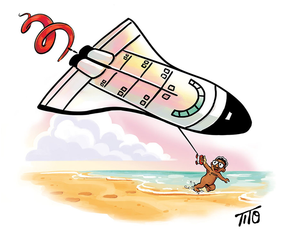 A color illustration shows a smiling nude beachgoer running along the shoreline while flying an oversized space shuttle kite overhead. The kite dominates the sky as gentle waves roll onto the beach behind him. A color illustration shows a smiling nude beachgoer running along the shoreline while flying an oversized space shuttle kite overhead. The kite dominates the sky as gentle waves roll onto the beach behind him.