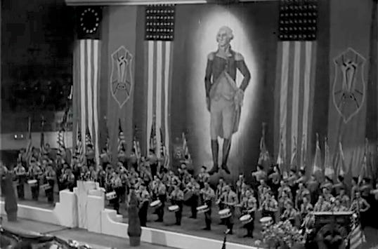 Nazi rally at Madison Square Garden with a larger-than-life portrait of George Washington in the background between flags