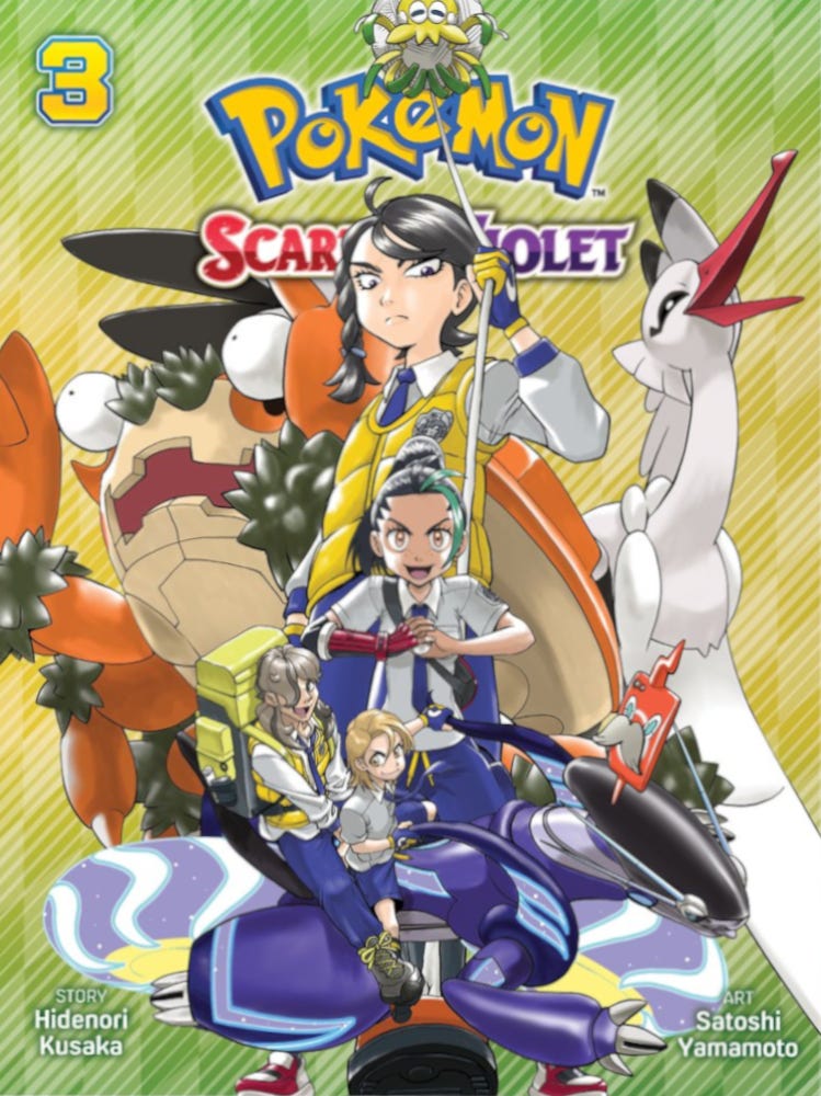 Cover of Pokémon Scarlet & Violet manga volume 3 featuring a bold group of characters and Pokémon. At the center, the main girl holds a fishing rod with a smiling Wattrel-like Pokémon hanging from the line; around her are various characters including a boy and girl riding a futuristic purple motorcycle Pokémon (Miraidon), a giant crab-like Klawf, and the elegant bird Pokémon Farigiraf. The background is a gradient of green and yellow with the title and credits: "Story: Hidenori Kusaka, Art: Satoshi Yamamoto."