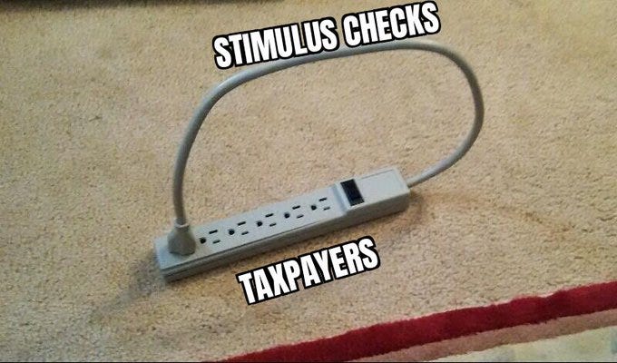 A white power strip with multiple outlets lies on a beige carpet. The attached cord forms a large circular loop above the strip. Bold red text labels the loop as Stimulus Checks and the strip as Taxpayers.