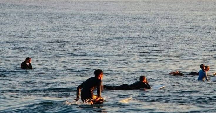 A group of surfers wait to catch a wave A group of surfers wait to catch a wave