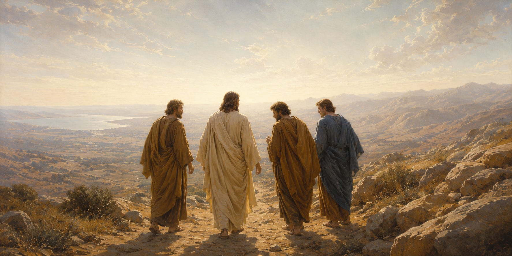 Jesus and three apostles descend the mountain after the Transfiguration. Jesus and three apostles descend the mountain after the Transfiguration.