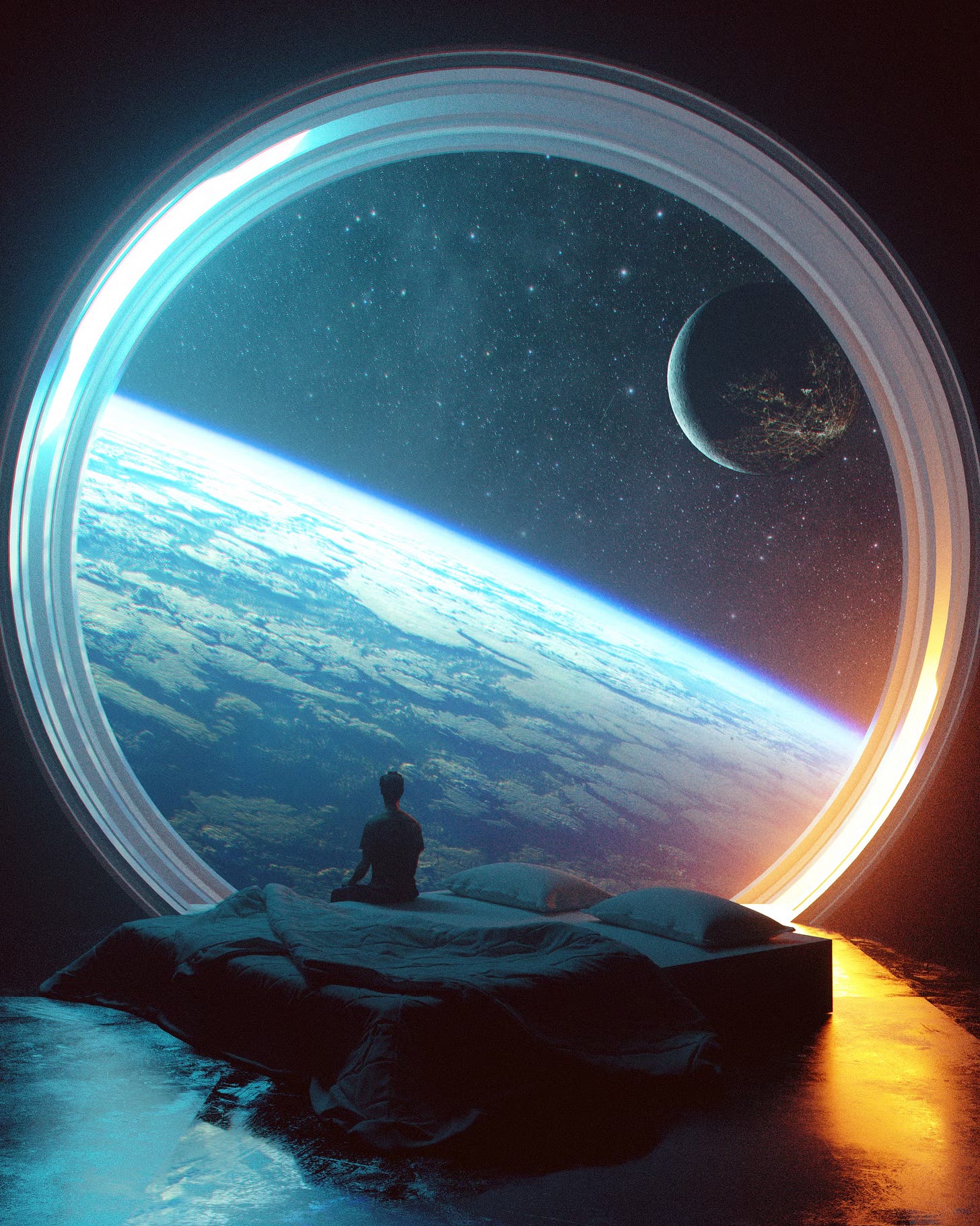 A vibrant, abstract 3D landscape imagined as a futuristic world, featuring glowing geometric forms, floating spheres, and surreal architectural shapes bathed in neon light, symbolizing humanity’s expanding imagination and the accelerating pace of technological disruption. Illustration by Stuart Lippincott.