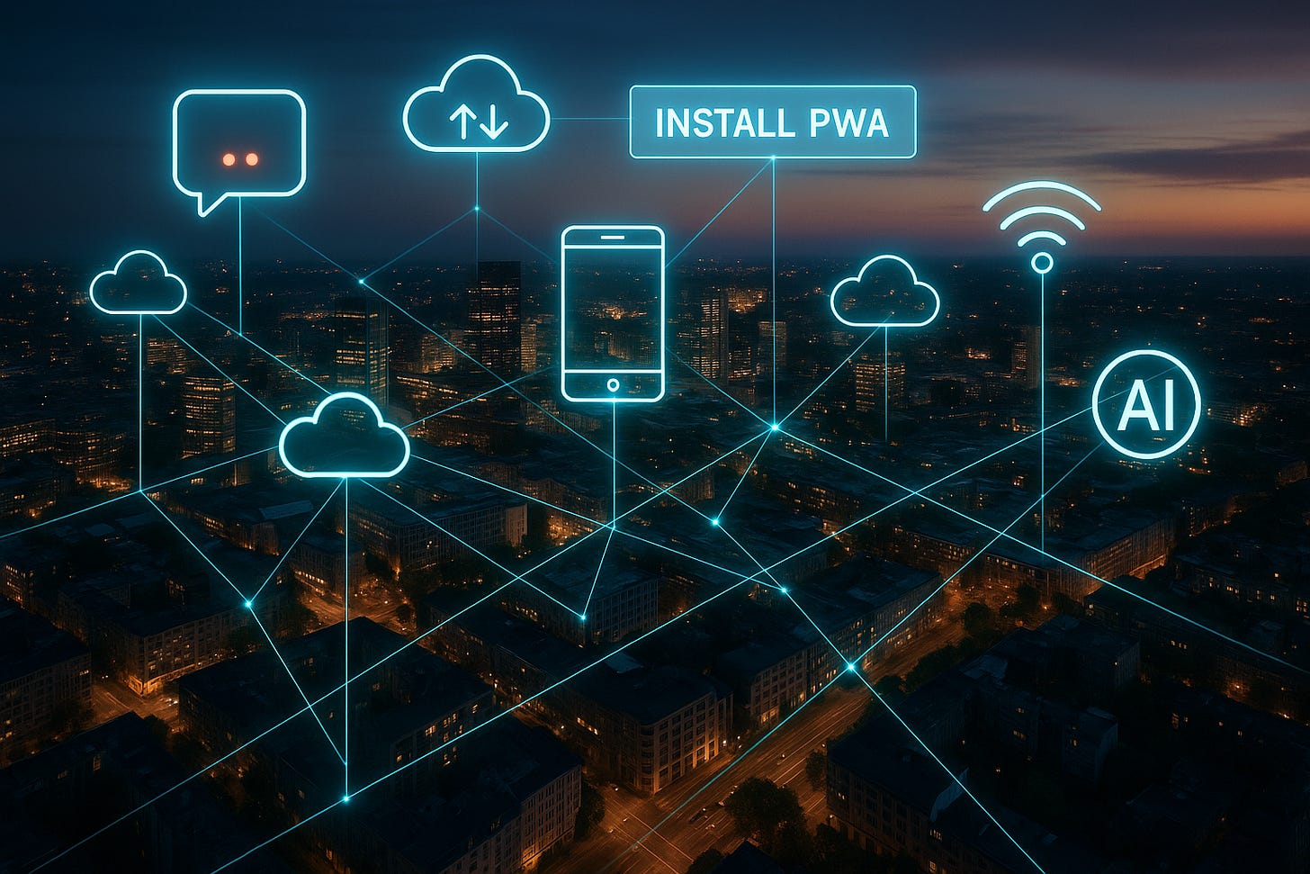 Smart city at night with glowing PWA, cloud, AI, and connectivity icons overlayed. Smart city at night with glowing PWA, cloud, AI, and connectivity icons overlayed.