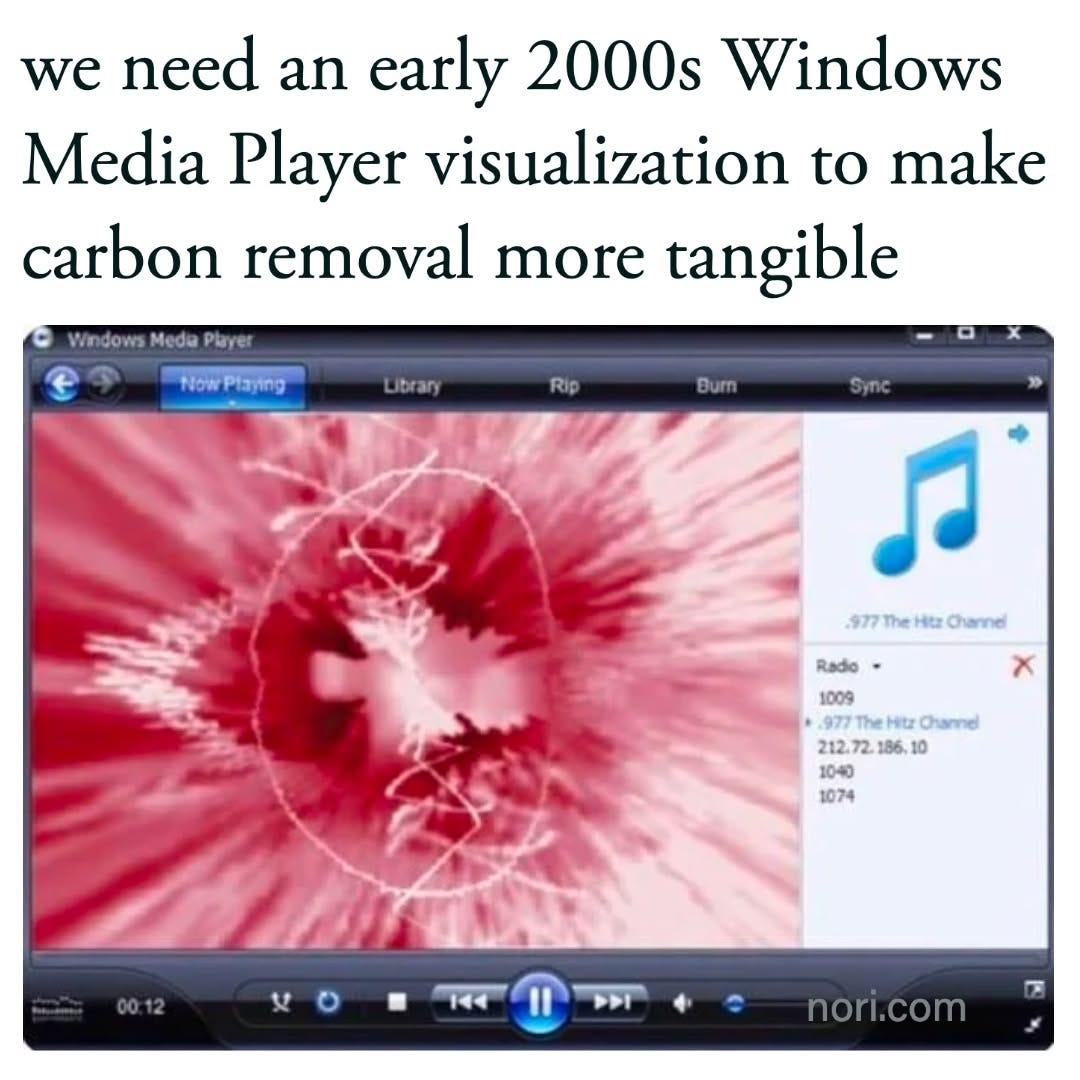 A screenshot of an early 2000s Windows Media Player with a swirling red visualizer, under the text "we need an early 2000s Windows Media Player visualization to make carbon removal more tangible".