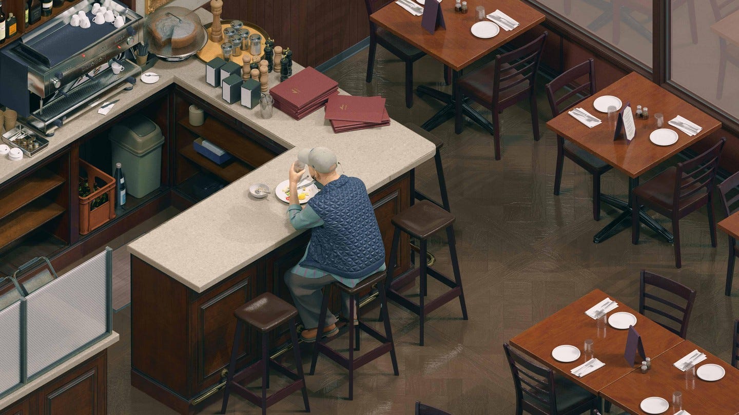 Illustration of a person sitting on stool and eating alone at diner counter, surrounded by empty tables with no other people visible.