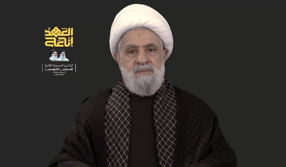 Sheikh Naim Qassem at the ceremony marking the second annual anniversary of the martyrdom of Hezbollah Secretary-Generals, Sayyed Hassan Nasrallah and Sayyed Hashem Safieddine, September 27, 2027 (Screengrab) Sheikh Naim Qassem at the ceremony marking the second annual anniversary of the martyrdom of Hezbollah Secretary-Generals, Sayyed Hassan Nasrallah and Sayyed Hashem Safieddine, September 27, 2027 (Screengrab)