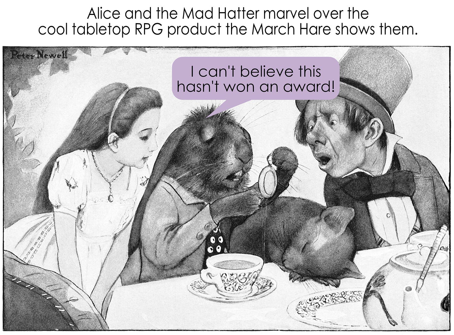 Alice and the Mad Hatter marvel over an item the March Hare is holding after he dips it in his teacup.