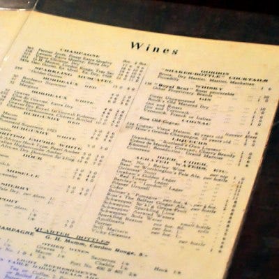 Vintage railway wine list from "A Taste of Wine," copyright fw190a8.