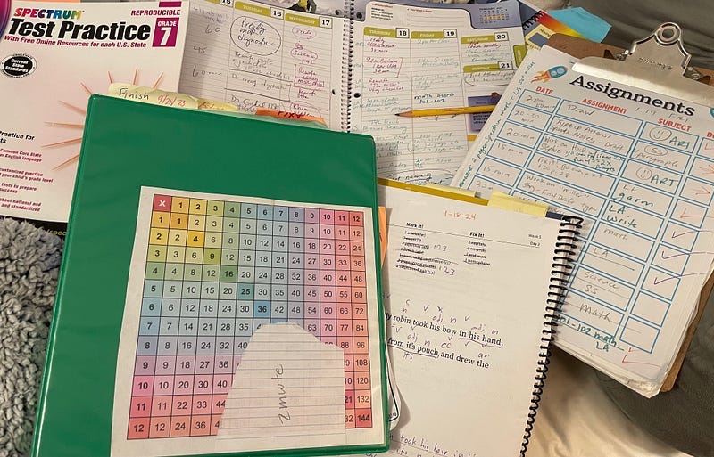 School books for homeschool lesson plan task for the week.