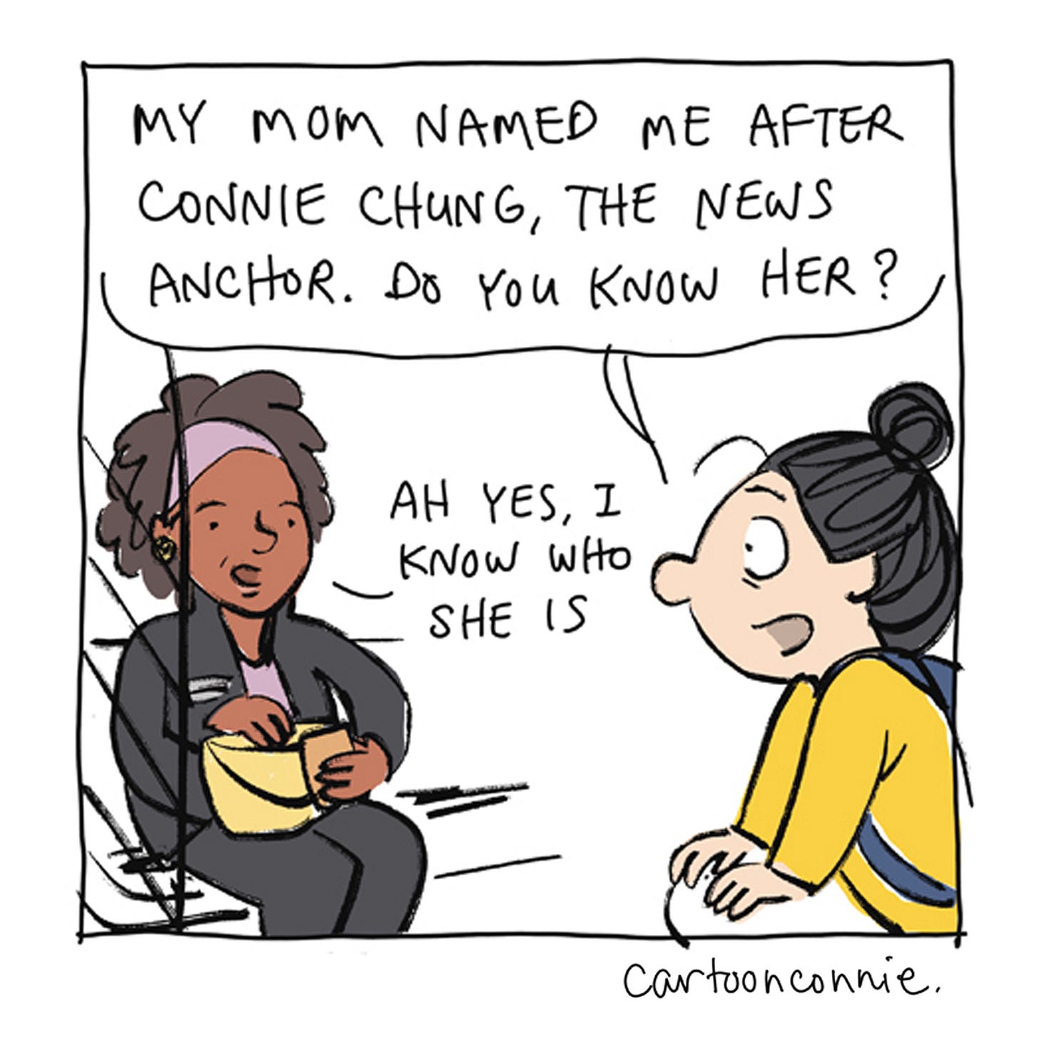 Panel 6/12 of a two-page diary comic about an encounter on a New York City subway in which Connie meets another Connie. Titled "City Diary, July 2026," by Connie Sun, cartoonconnie.