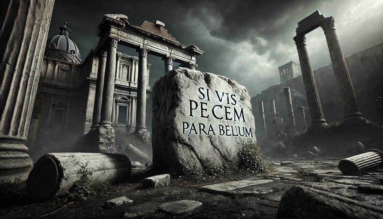 A dramatic scene depicting an ancient marble block amidst Roman ruins. The setting is dark, gloomy, and desperate, with stormy skies casting shadows over the crumbled architecture. The marble block is prominently displayed in the foreground, inscribed with the Latin phrase 'SI VIS PACEM PARA BELLUM' in weathered yet legible lettering. Surrounding the block are remnants of fallen columns and overgrown vegetation, enhancing the desolation of the scene. The overall atmosphere evokes a sense of foreboding and historic gravitas. The image is rendered in a cinematic 16:9 format. A dramatic scene depicting an ancient marble block amidst Roman ruins. The setting is dark, gloomy, and desperate, with stormy skies casting shadows over the crumbled architecture. The marble block is prominently displayed in the foreground, inscribed with the Latin phrase 'SI VIS PACEM PARA BELLUM' in weathered yet legible lettering. Surrounding the block are remnants of fallen columns and overgrown vegetation, enhancing the desolation of the scene. The overall atmosphere evokes a sense of foreboding and historic gravitas. The image is rendered in a cinematic 16:9 format.
