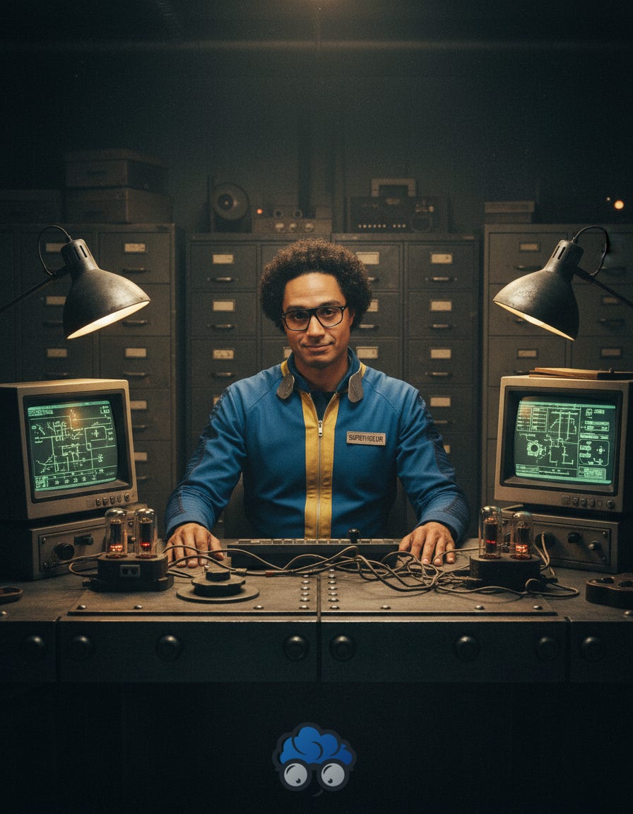 Portrait cinématique du Superviseur Benjamin dans son bureau rétro-tech de l'Abri GMIND, entouré de vieux terminaux à écrans verts. Portrait cinématique du Superviseur Benjamin dans son bureau rétro-tech de l'Abri GMIND, entouré de vieux terminaux à écrans verts.