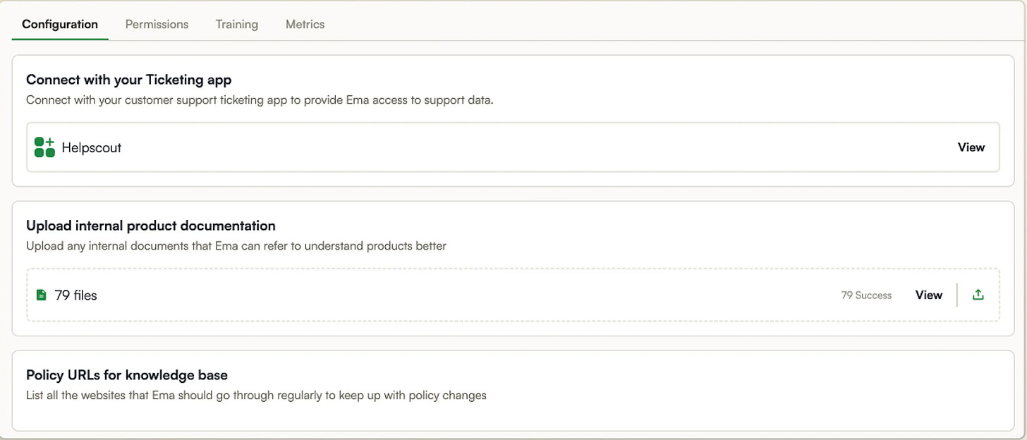 Screenshot of Ema's platform configuration interface showing three main sections: 'Connect with your Ticketing app' displaying a Helpscout integration, 'Upload internal product documentation' showing 79 successfully uploaded files, and 'Policy URLs for knowledge base' for listing websites Ema should monitor for policy changes. The interface has a clean design with tabs for Configuration, Permissions, Training, and Metrics at the top.