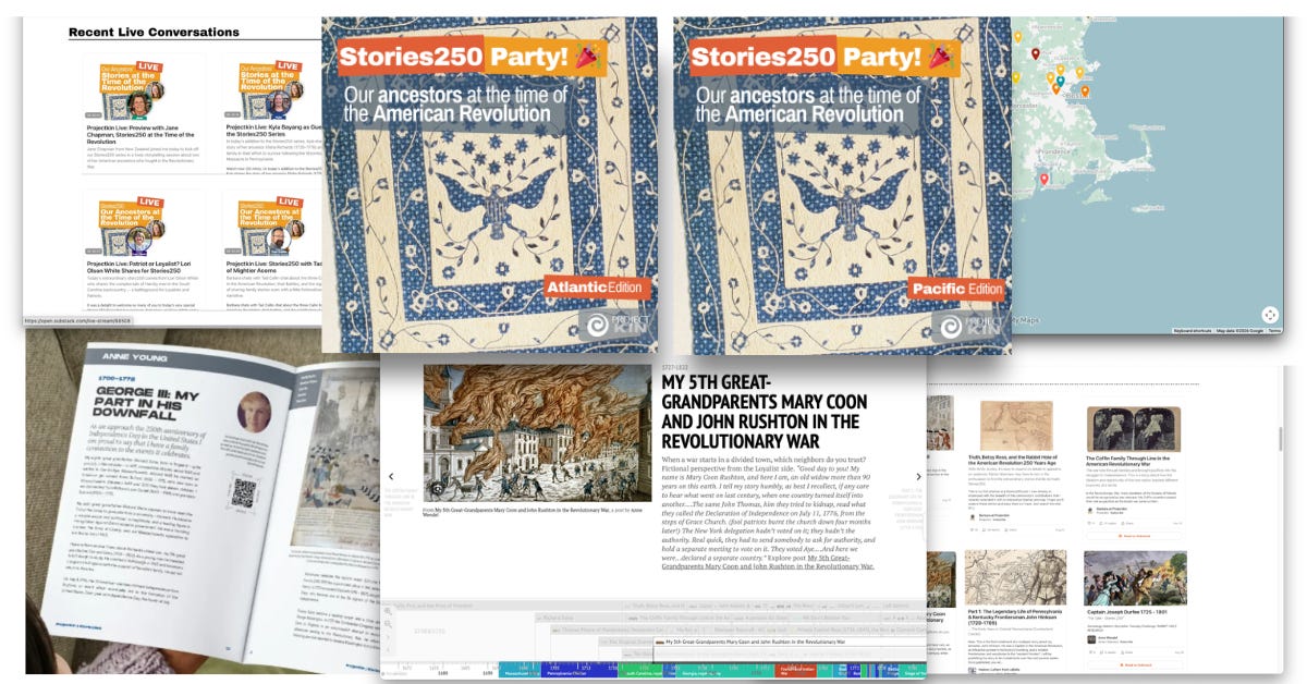 Collection of screenshots and event tiles for Projectkin's Stories250 series. Learn more at Projectkin.org/stories250