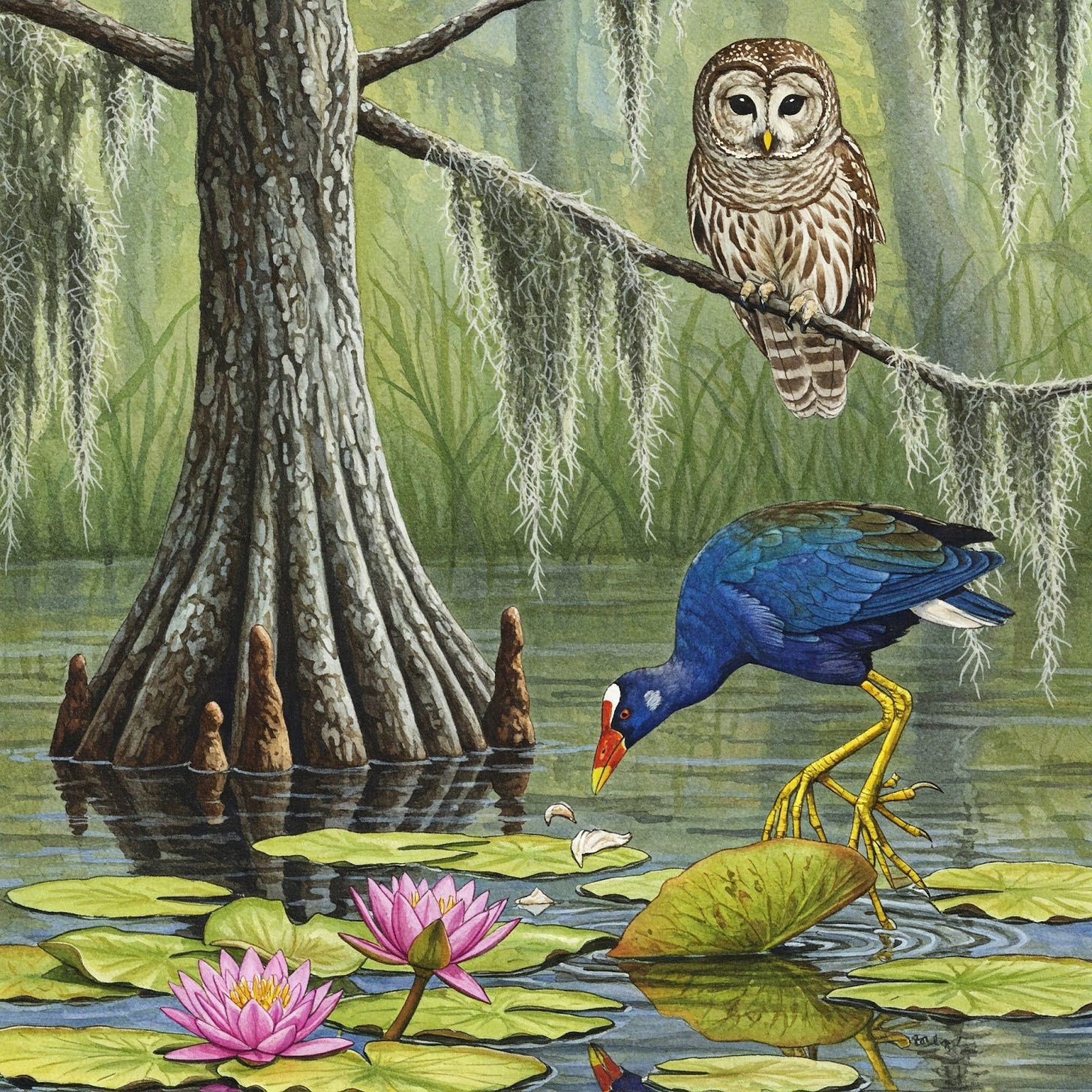 Barred owl watching over a bird trying to land in the Bayou. Barred owl watching over a bird trying to land in the Bayou.