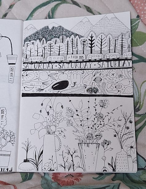 A number of pages of black ink drawings and writing with the date stamped and drawings and words for each day, including patterns, mark making, doodles and some little scenes.