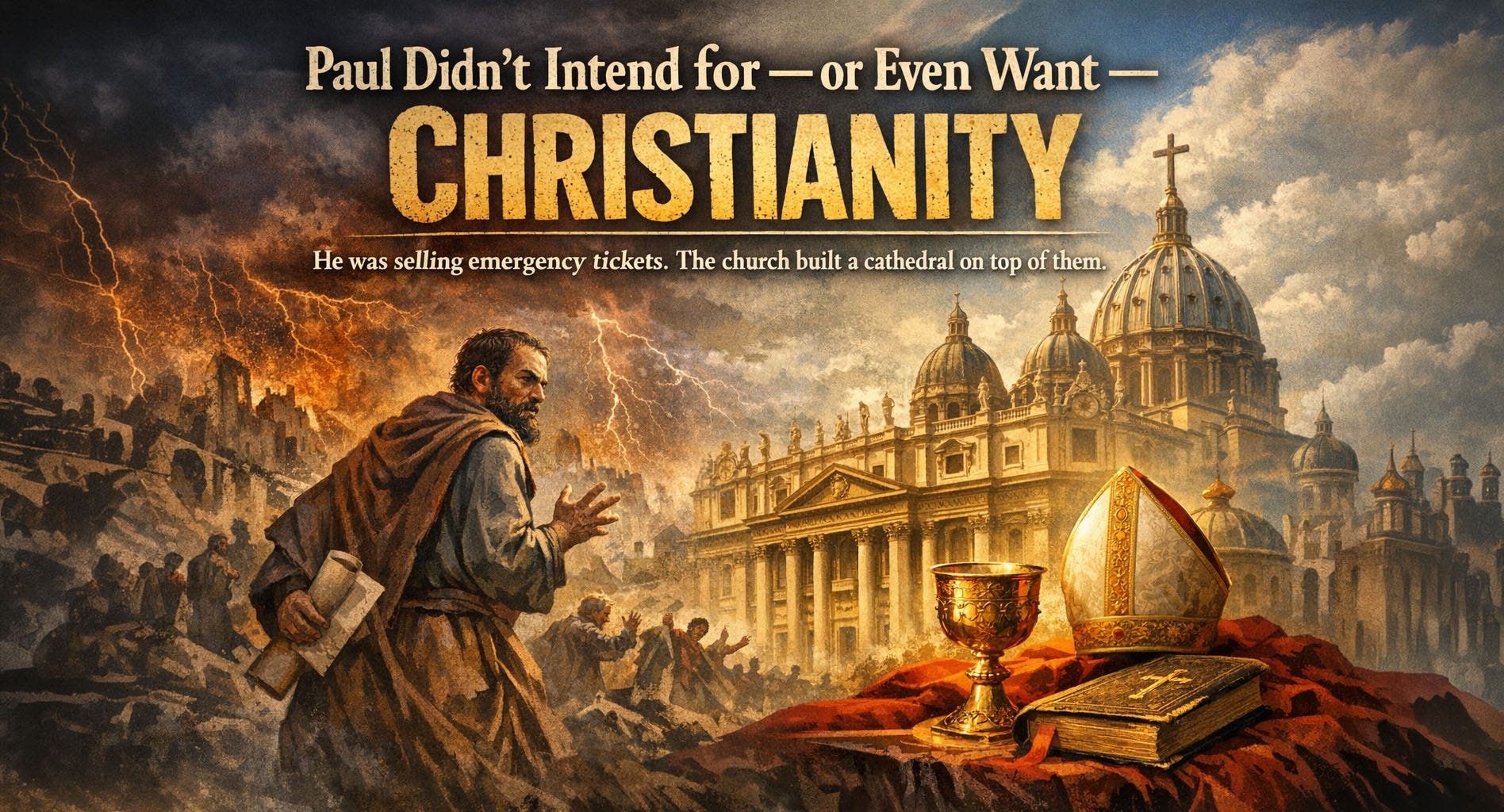 A dramatic illustrated scene showing a robed early Christian preacher in the foreground holding a scroll, facing a crowd amid stormy skies and lightning. In the background, a large ornate cathedral with domes and crosses rises over the scene. In the lower right foreground, a richly decorated Bible, a chalice, and a bishop’s mitre rest on red cloth. Across the top, large text reads: “Paul Didn’t Intend for — or Even Want — Christianity.” Smaller text below reads: “He was selling emergency tickets. The church built a cathedral on top of them.”