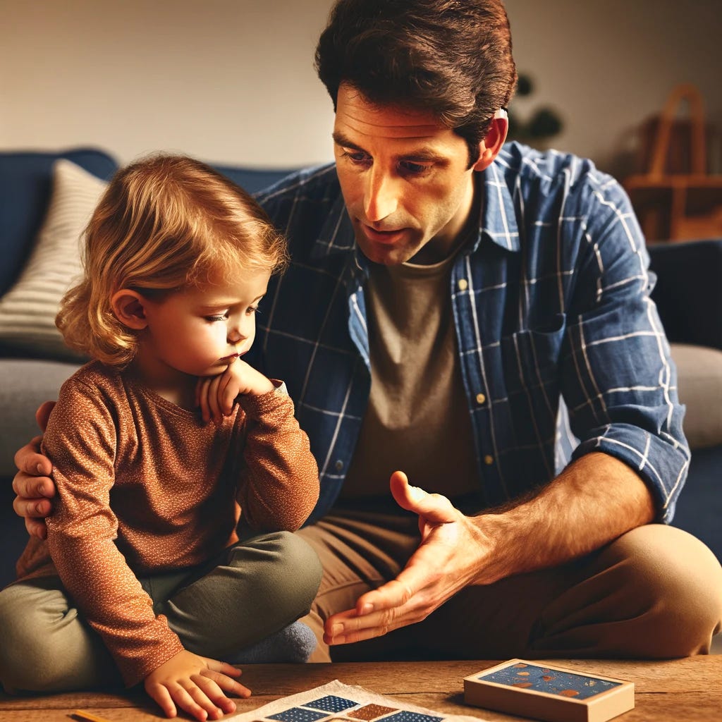 A touching scene of a father coaching his child, who has just failed at a task, on how to improve for next time. The father, showing patience and understanding, is kneeling beside his child, gently explaining and gesturing towards the task at hand. The child, sitting on the floor, looks up at her father with an expression of focused attention, absorbing the guidance being offered. The setting is a home environment, perhaps in a living room or play area, where evidence of the failed task (maybe a puzzle, a craft project, or a simple game) is visible but set aside for the teaching moment. This image captures the nurturing role of a parent in a child’s learning process, emphasizing encouragement and constructive feedback over criticism, fostering resilience and growth in the child.