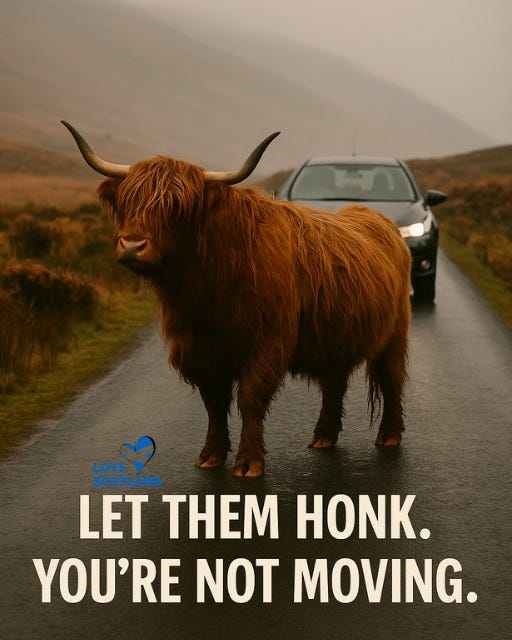 May be an image of car, road and text that says "LOVE SCOTLAND LET THEM HONK. YOU'RE NOT MOVING."
