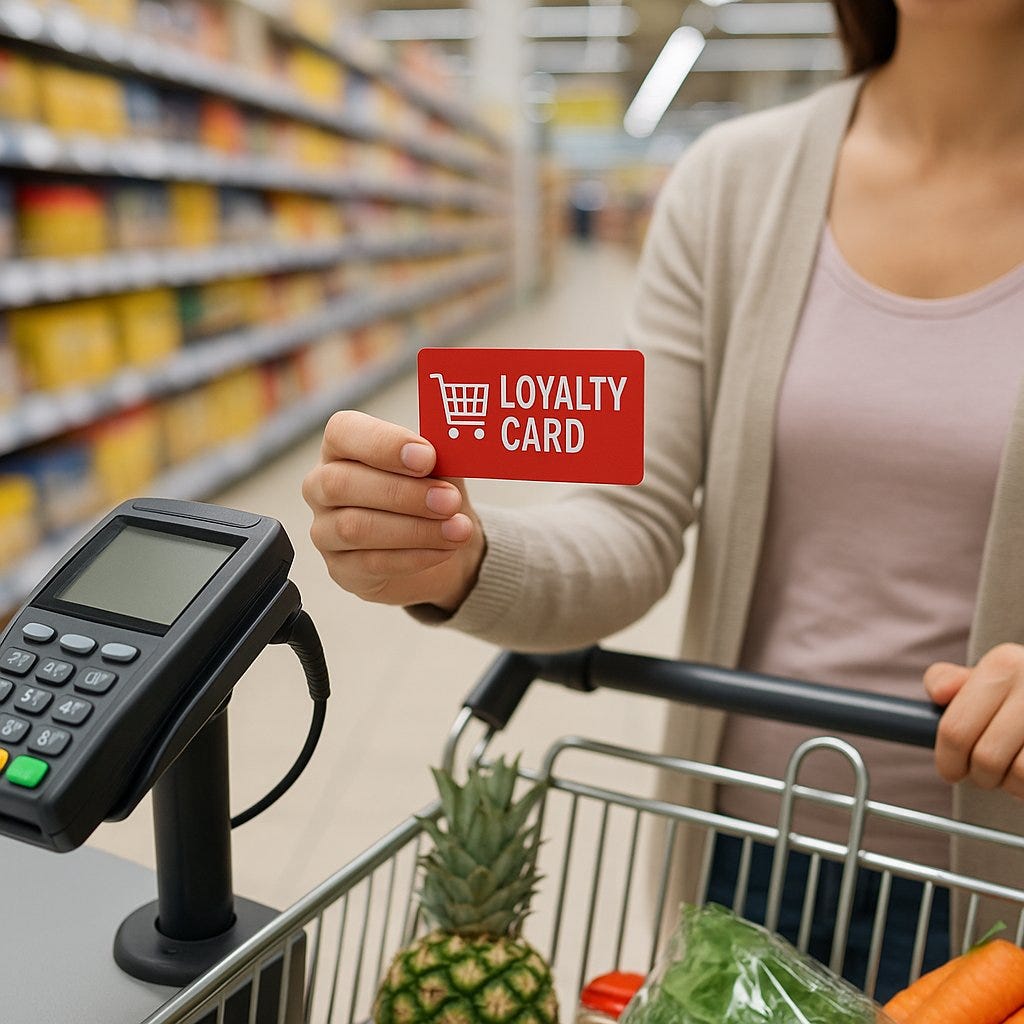Close-up of a shopper holding a red loyalty card at a grocery store checkout, with a cart of fresh produce.