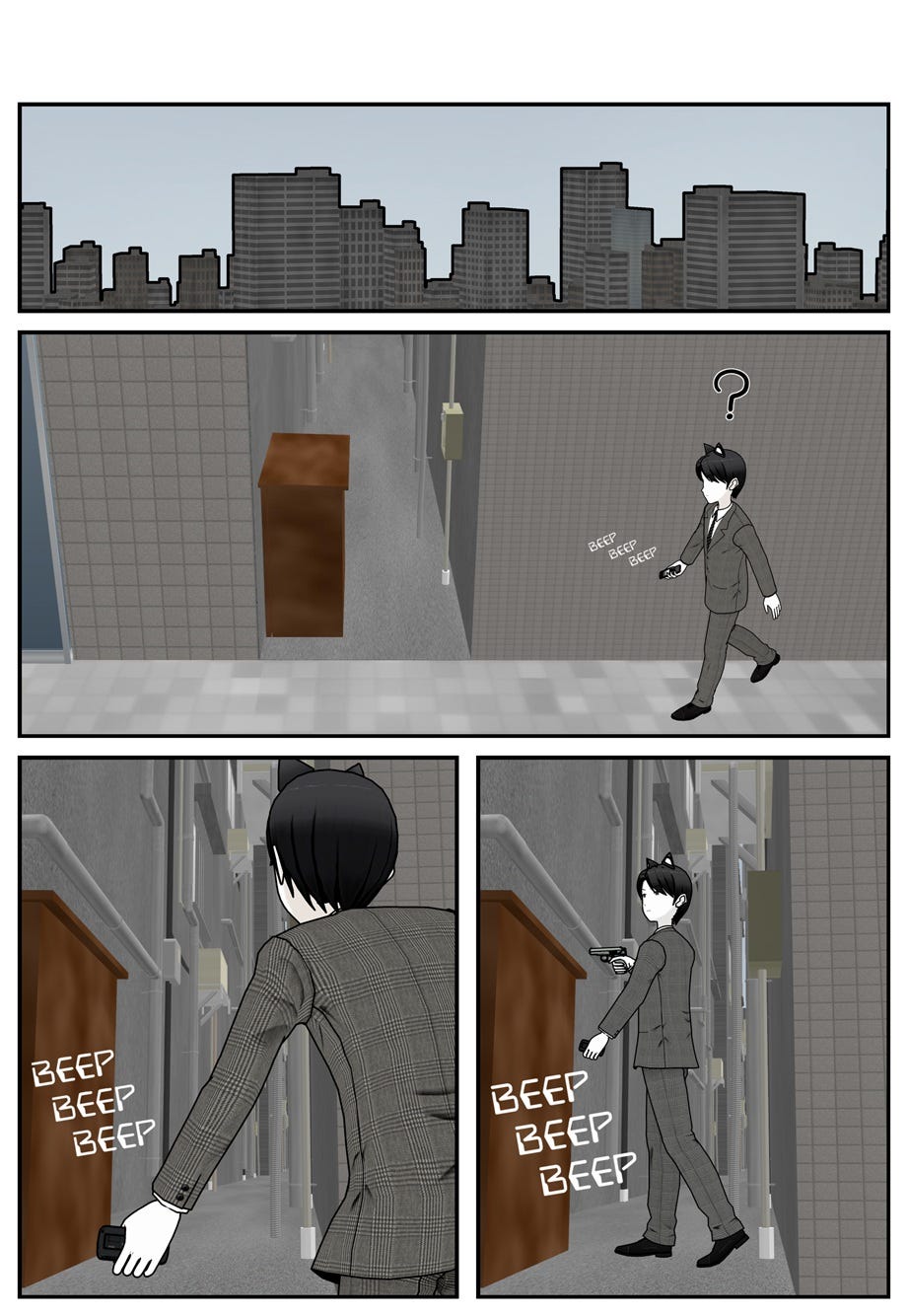 Ace follows the briefcase tracker to an alley. It beeps louder, and he steps into the alley, drawing his gun.